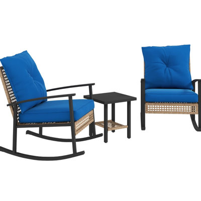 Fauteuil à bascule et table d'appoint pour patio - Mobilier d'extérieur 3 pièces, Naturel, Acier galvanisé enduit de poudre bleu foncé