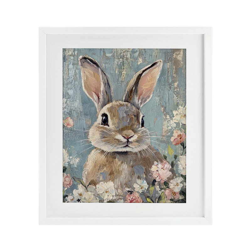 Portrait de lapin délavé, reproduction sous verre, design par Franklyn Gregory, H 16 po x l 13 po, Cadre blanc côtier