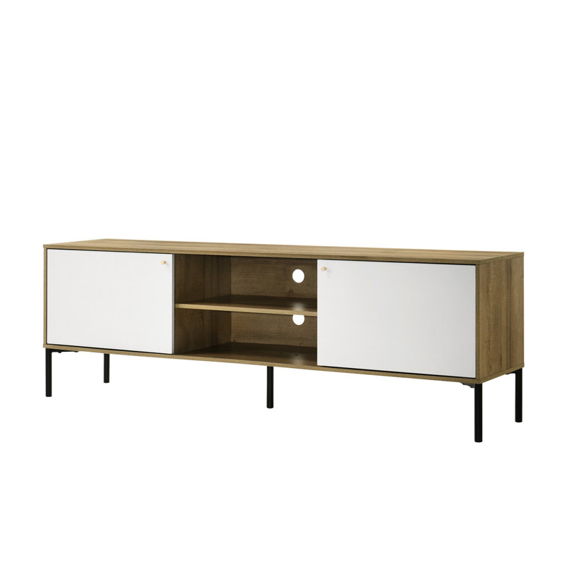 70"W White And Oak Tv Stand With Adjustable Shelf, 2 Door Bin Box Cable Slot 2-Door Shelf Management Feature Area