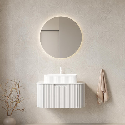 Meuble-lavabo de salle de bain 36 po avec lavabo, armoire de rangement de salle de bain à bords arrondis flottants avec tiroir, lavabo rectangulaire en céramique blanche, sans robinet, pré-assemblé