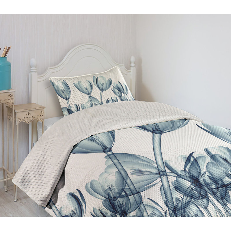 Twin White and Teal Floral Quilted Bedspread Set