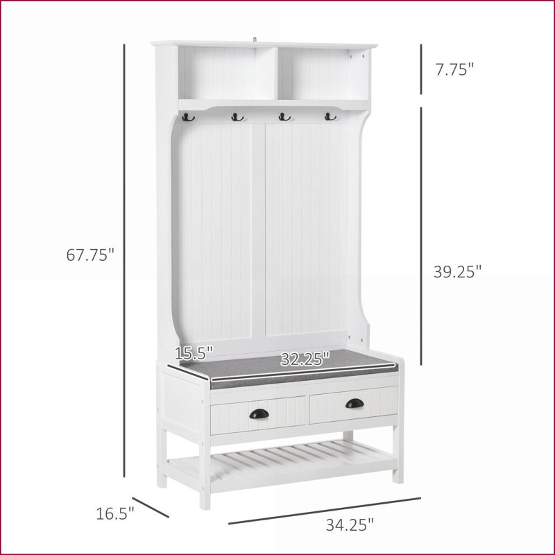 Portemanteaux 3-en-1 avec banc, porte-chaussures, 2 tiroirs et amp; 4 crochets - panneau de fibres à densité moyenne blanc moderne P2 | Blanc | Panneau de fibres à densité moyenne
