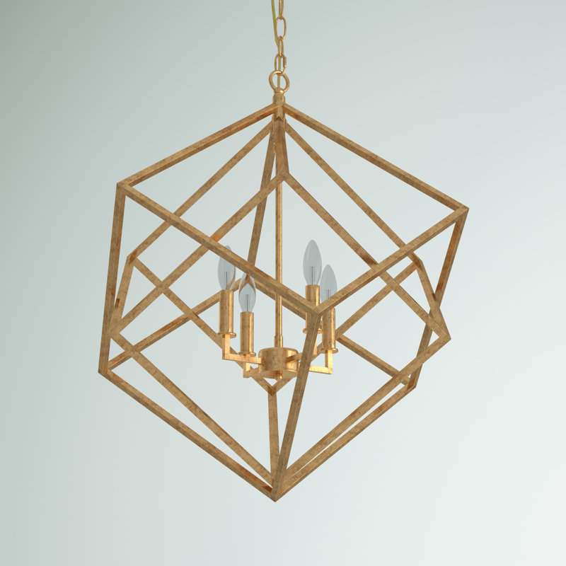 Gold Metal Geometric Caged 4 Light Room Chandelier with Link Style Chain