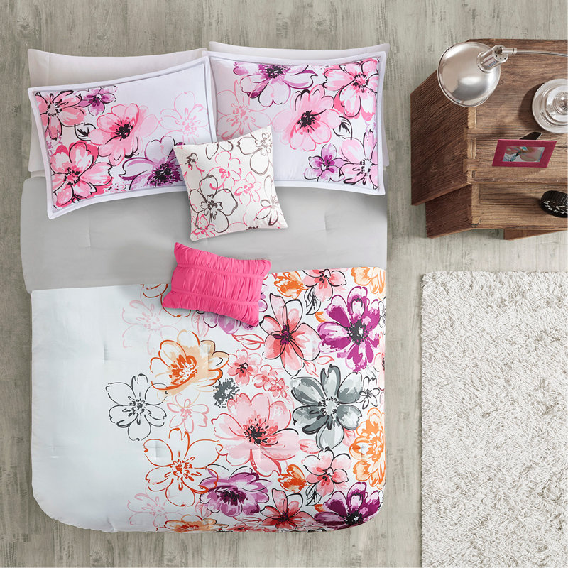 Twin/Twin XL Floral Comforter Set, Pink Floral, Twin Extra Long Comforter + 4 Additional Pieces