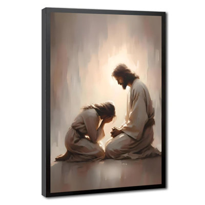 24" H x 36" W Black Framed Canvas Jesus Wall Art, Prayer Scene Religious Painting, Christian Wall Decor for Bathroom, Ready to Hang