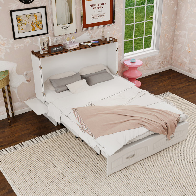 Queen Murphy Storage Bed W\ 2 Drawers, Murphy Cabinet Bed With Tri-Fold Memory Foam Mattress, White