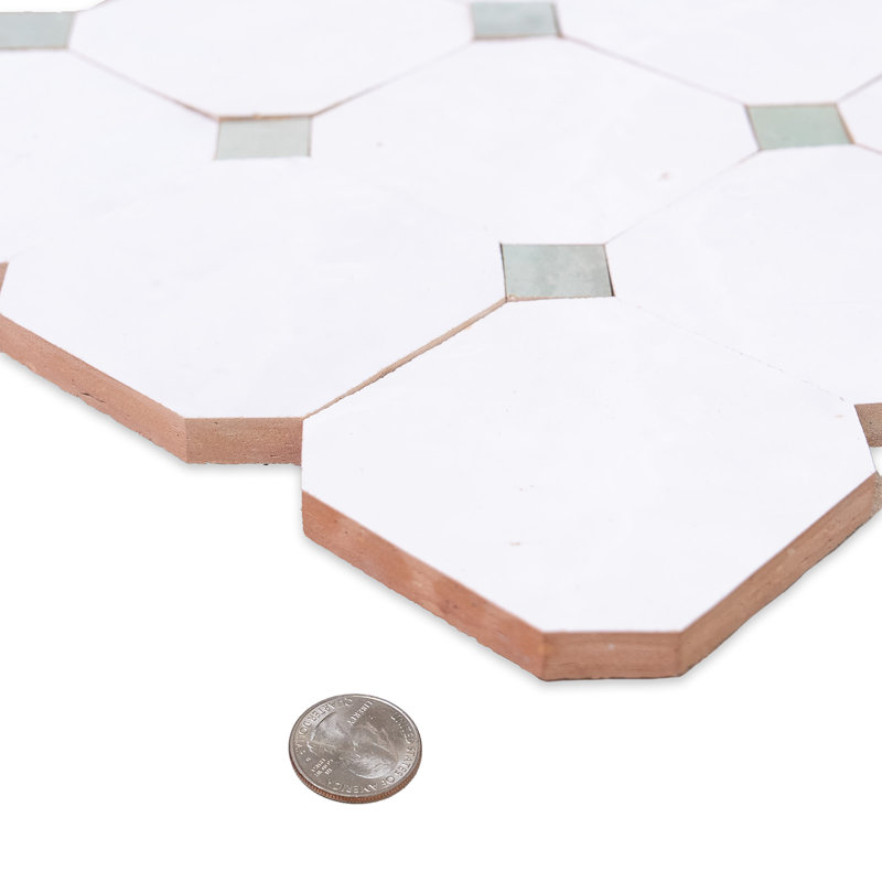 Contemporary Zellige Panels, 12" X 12" X 1/2", Terracotta With Dusty Blue Accents, White/Sea Green