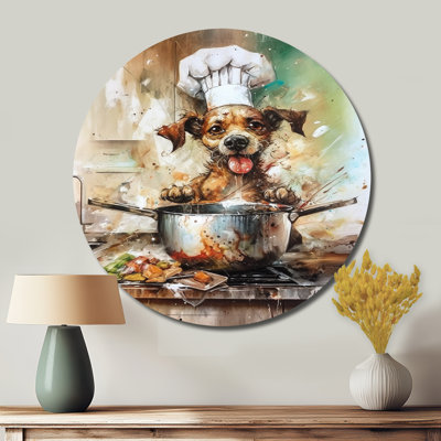 Brown Dog Chef In Kitchen - Animals Round Metal Art