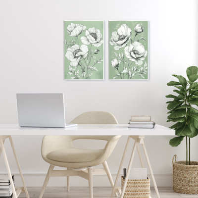 Ensemble de 2 plaques murales Vintage Green Poppy Florals, par Petal Prints Design