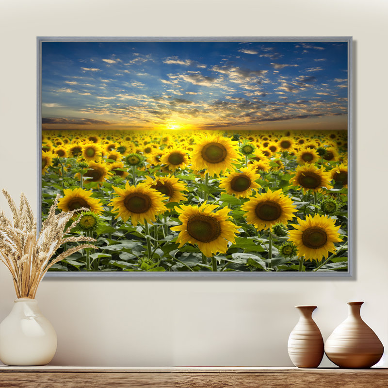 Champ de tournesols en fleurs - reproduction d'art sur bois massif, H 30 po x l 40 po, Cadre flottant, Argent