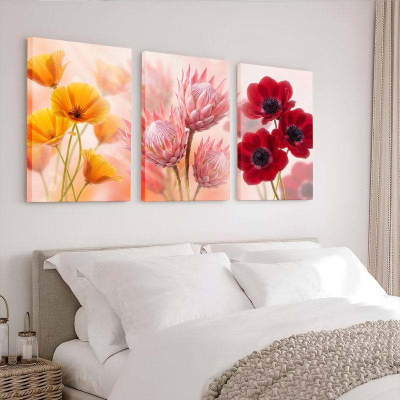 Ensemble de 3 tableaux sur toile à motifs floraux de coquelicots et de protéas, pour la décoration du salon et de la chambre.