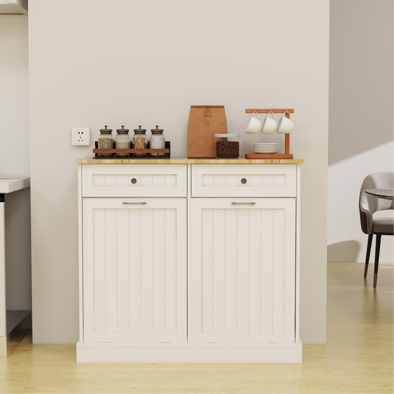 Armoire poubelle de cuisine à deux tiroirs et deux compartiments basculants - blanc
