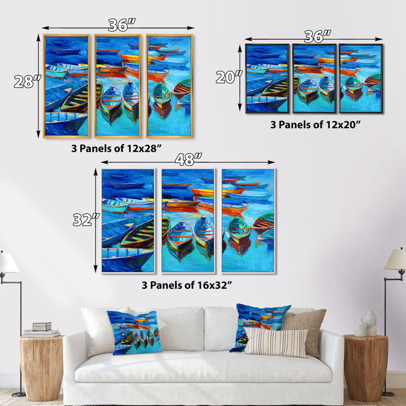 «Little Boat Wating In The Harborr», peinture sur toile 3 pièces, Blanc, H 32 po x l 48 po