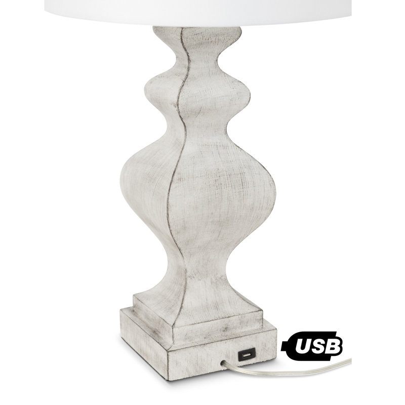 Lampe de table Cyrus - 81 cm (32 po) en polyrésine blanche style ferme avec port USB - Finition blanche vieillie, Blanc