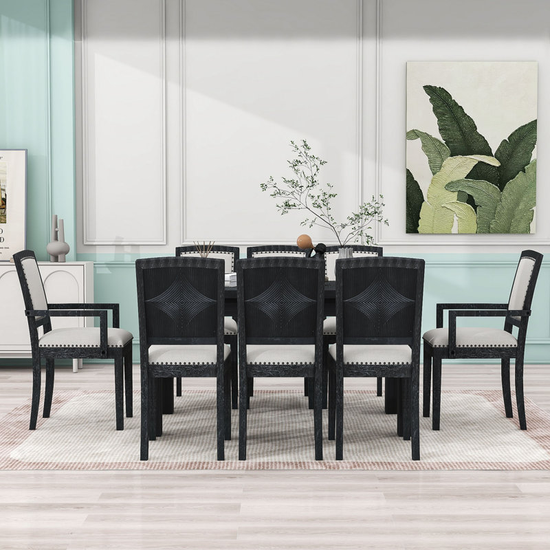 9-Piece Wood Dining Set with Removable Leaf and Chairs, Black, Black, Black/Grey