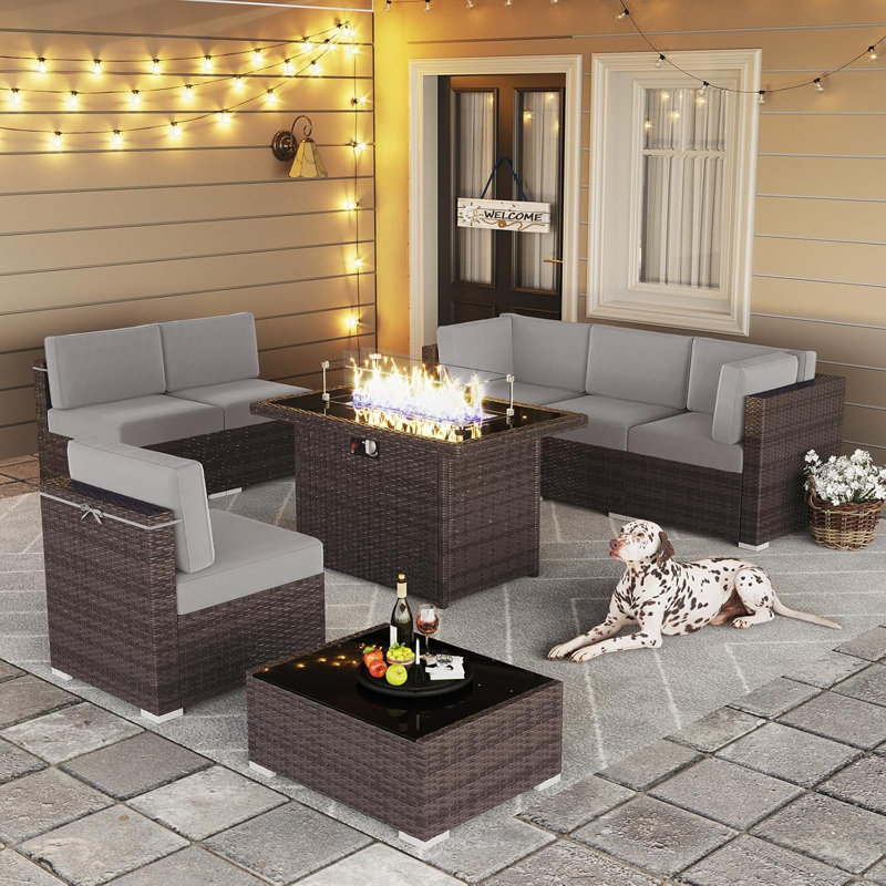  8 Piece Patio Furniture Set with 44" Propane Gas Fire Pit Table, Outdoor Sectional Conversation Set Wicker Rattan Sofa Set with Coffee Table