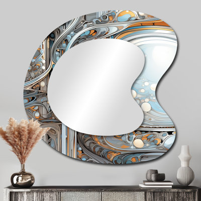 «Faiha Tender Light Blue Floral Whirling Vision», miroir asymétrique à spirales abstraites, miroir mural décoratif de forme irrégulière dorée, impression sur métal