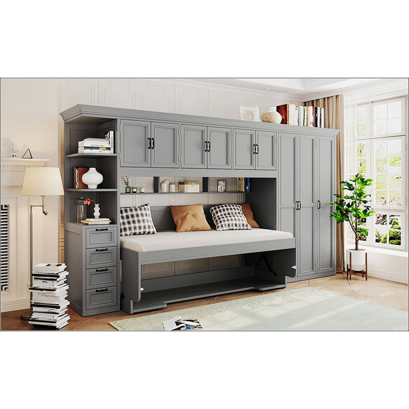 Lit escamotable simple avec armoire murale, Gris
