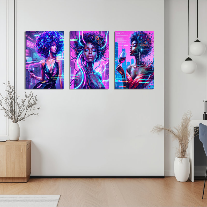 Ensemble de 3 tableaux sur toile néon représentant une femme afro cyberpunk, idéal pour une décoration murale moderne dans un salon, une chambre ou un bureau.