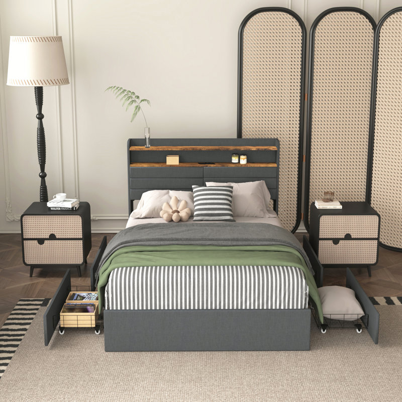 Versatile Upholstered Bed Frame with Multiple Functionalities, Queen
