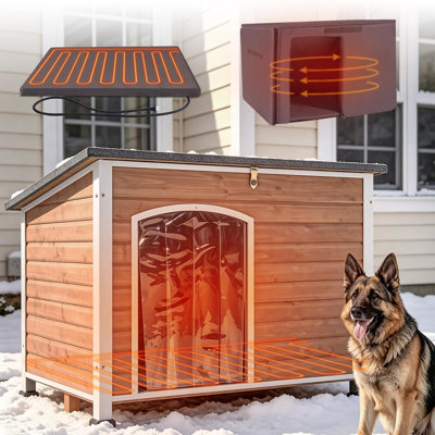 43.3" Large Heated Outdoor Dog House with Heating Pad & Insulated Liner, Weatherproof Large Dog Kennel with All-Around Iron Frame, Light Brown