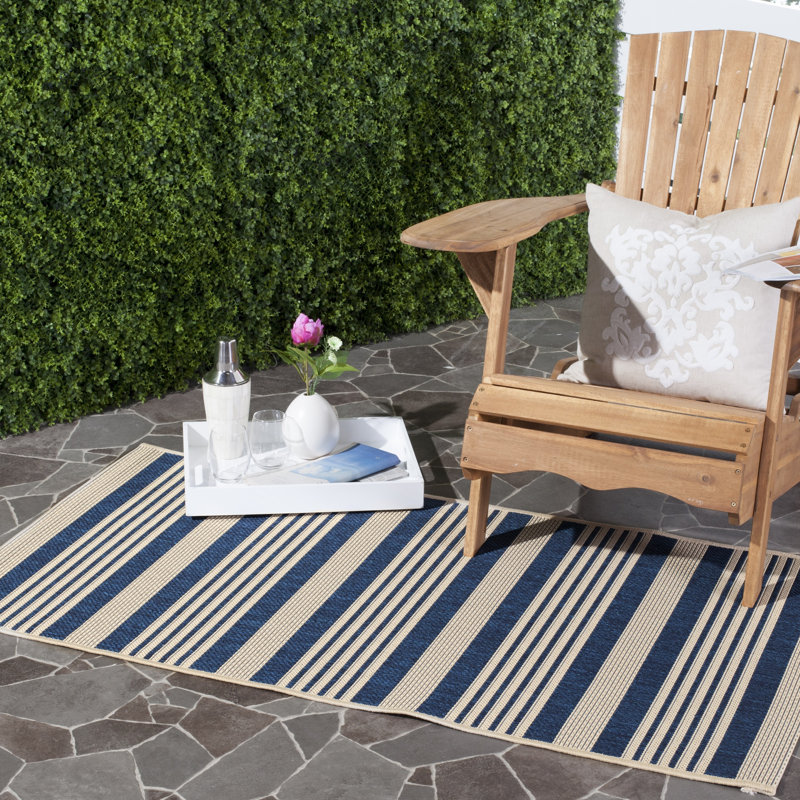 Arneshia Indoor/Outdoor Navy/Beige Striped Rug, Rectangle 10' x 14'