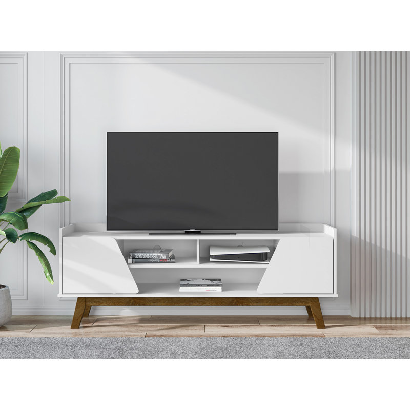 Marcus Mid-Century Modern Tv Stand in White, White, 23.42"H x 62.99"L x 14.17"W