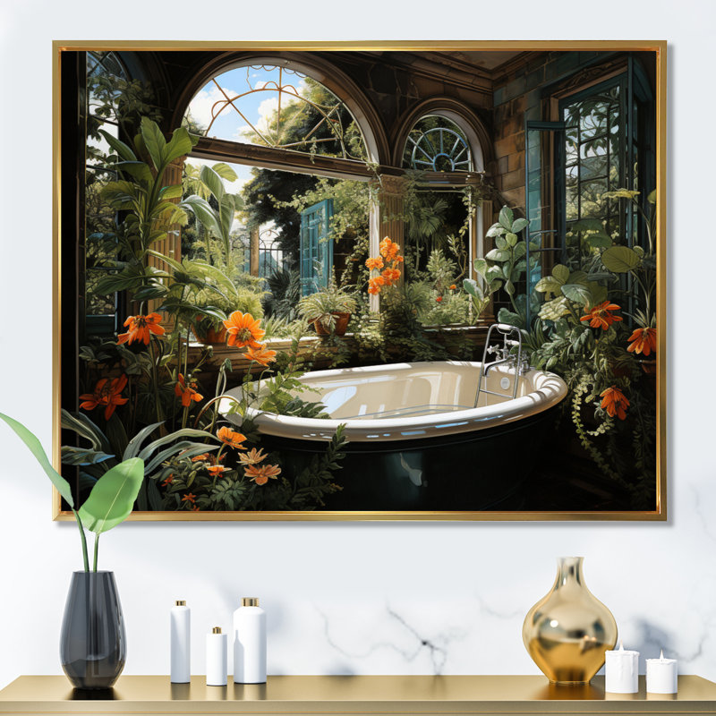 «Bathroom Botanical Retreat II», reproduction, Cadre flottant doré, H 34 po x l 44 po x P 1,5 po