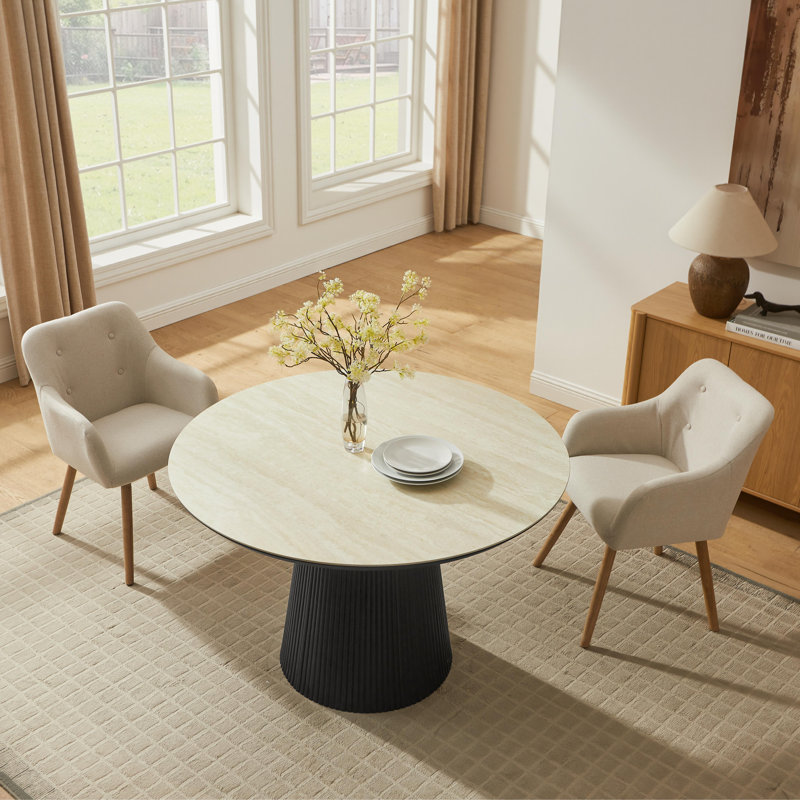 47.24" Marble Look Round Sintered Stone Pedestal Dining Table, Black, Ivory