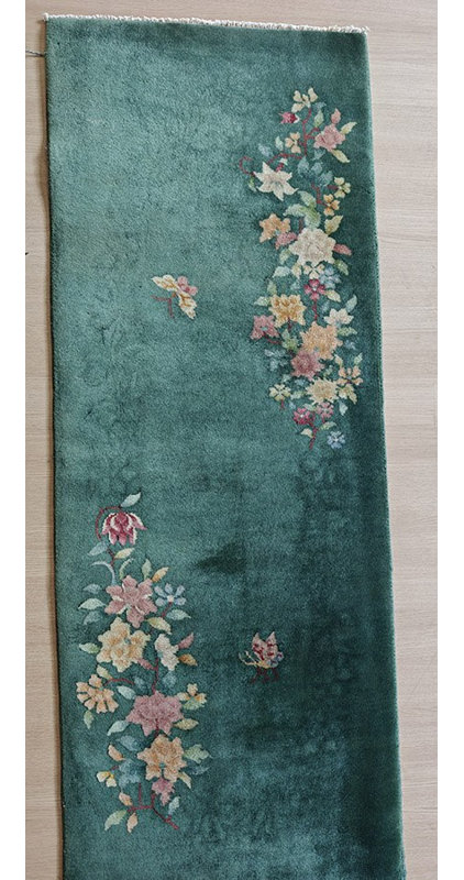 Small Size Wool Pile Green Color Antique Floral Chinese Deco Throw Rug