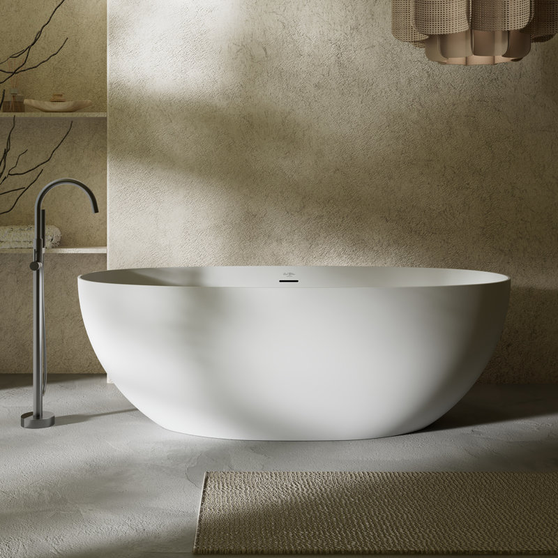 Baignoire de trempage autoportante blanche à surface solide avec trop-plein et bonde escamotable 59 "x 28" Monblari