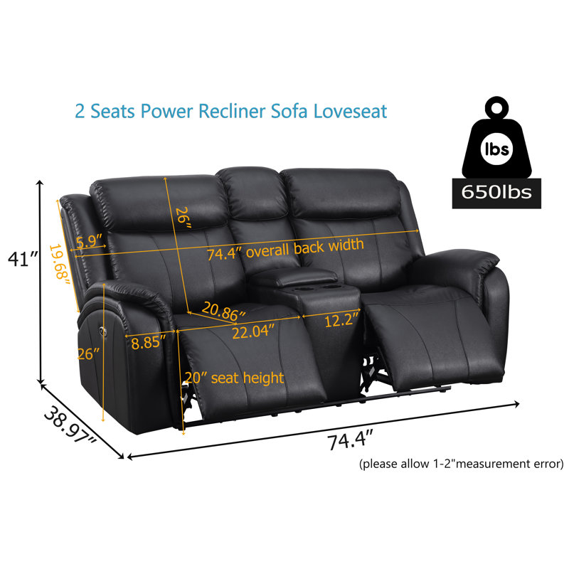 Lamyia 74'' Faux Leather Power Reclining Sofa, Black Faux Leather