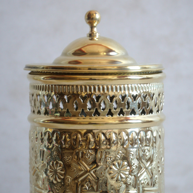Ornate Engraved Brass Lidded Wastebasket