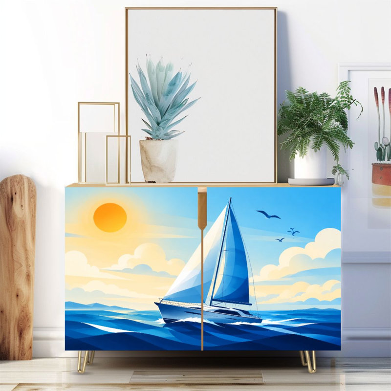 Buffet étroit de 35,4 po de largeur - armoire de rangement décorative à 2 portes avec voilier Ocean Waves sous un soleil éclatant et pieds en métal