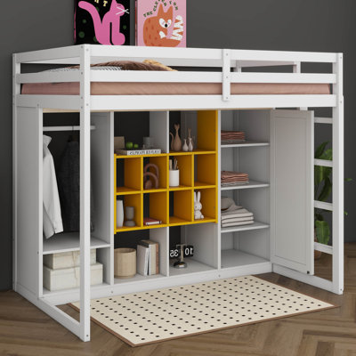Twin Size Wood Loft Bed With Wardrobe & Shelves & Cabinet, Space-Saving Multi-Storage Bed Frame With Reversible Ladder
