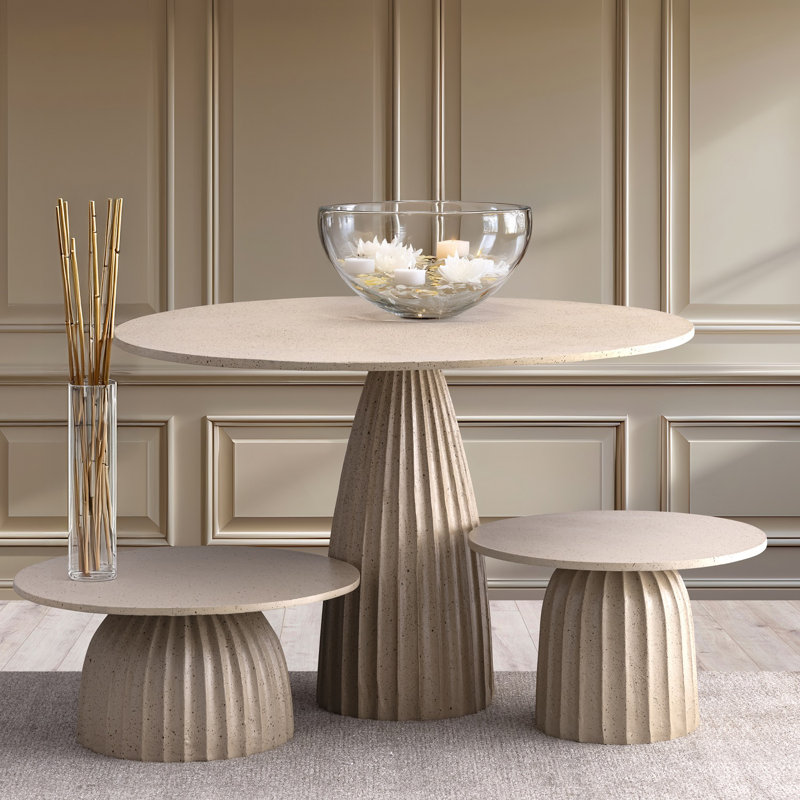 Aluminum Dining Table W/Chisel Texture Base Dia 47.3", Beige/Brown