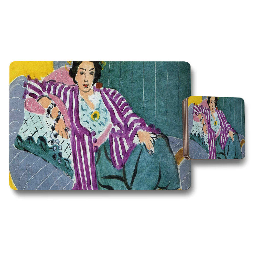 Artistic Placemat And Coaster Set Featuring Woman In Purple Striped Robe