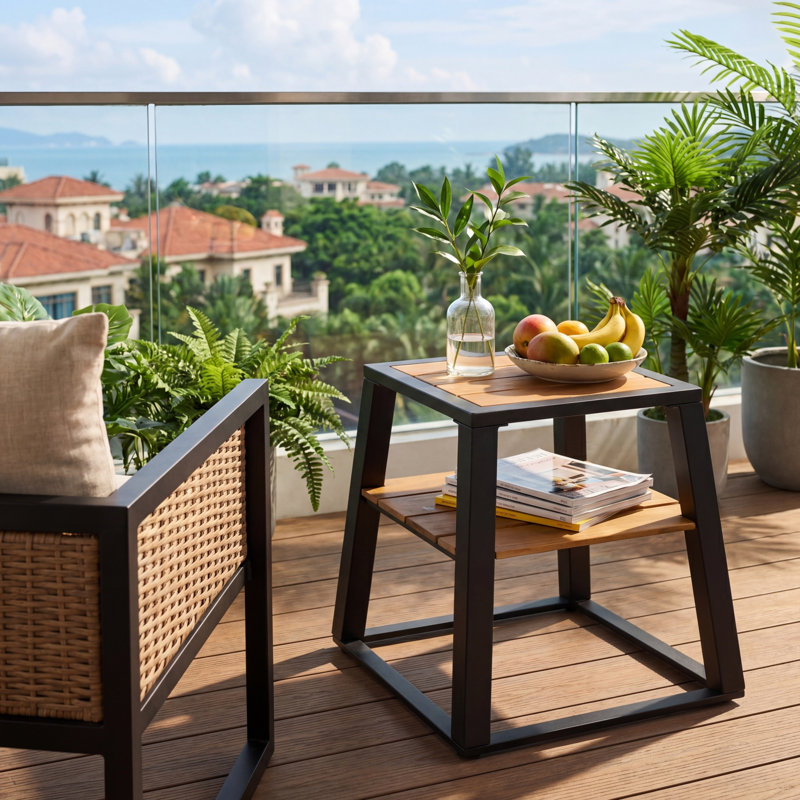 Tables de patio à plusieurs niveaux avec rangement, bois d'acacia et métal, style rustique moderne pour l'extérieur, Noir