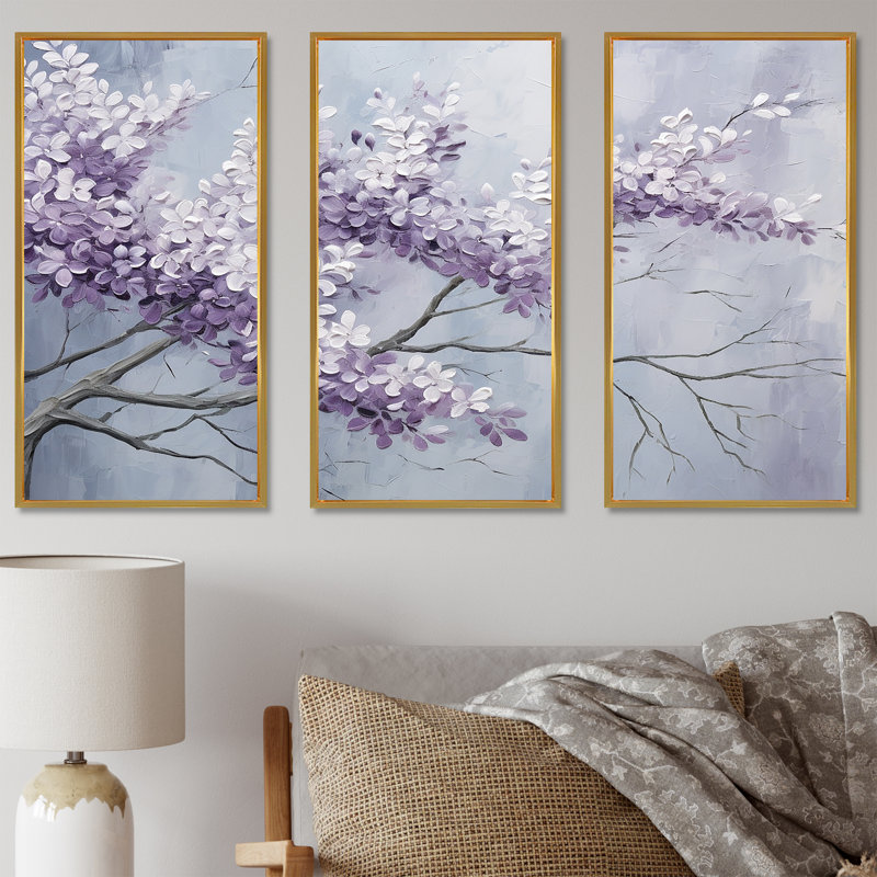 Ensemble d'art mural Maumelle - Lilas, Cadre flottant doré, H 32 po x l 48 po x P 1 po