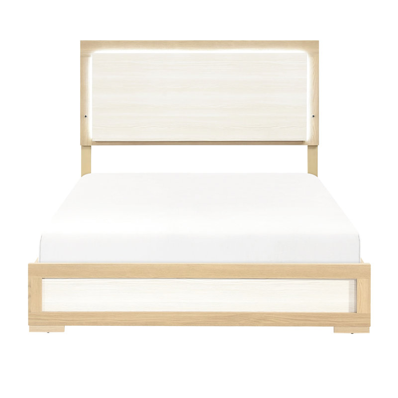 Lit à panneau grand contemporain, tête de lit à DEL, couleur naturelle et blanche, cadre de lit en bois, résistant aux égratignures, mobilier de chambre à coucher, sommier tapissier, bois d'ingénierie, utilisation, requis
