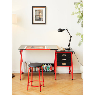 Drafting Table With Stool In Vermilion Red - Spacious Workspace, 3 Storage Drawers, Adjustable Tilt 0 75 Degrees, Stable Structure And Non-woven Drawer Storage, Desktop Build