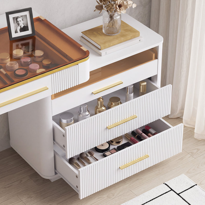 Coiffeuse moderne avec miroir lumineux et tabouret, noir, Blanc