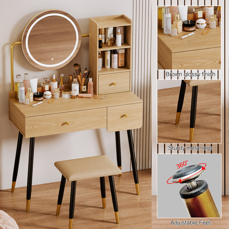 Vanity 35" W, Vanity Desk With Round Mirror And Lights, Vanity Makeup Table With Chair, With Open Compartment And 3 Drawers, 3 Lighting Modes Gift Vanity