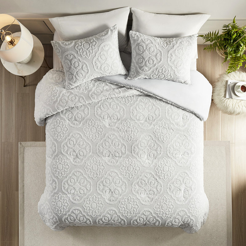 Literie tissée très grand / très grand - gris et blanc, taies décoratives assorties, housse de couette 3 pièces facile à entretenir, fermeture à boutons avec attaches intérieures