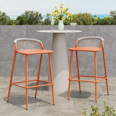 Tabourets de bar d'extérieur à structure en aluminium à hauteur de siège de 29 po avec dossier en forme de feston tissé à la corde, ensemble de 2, orange