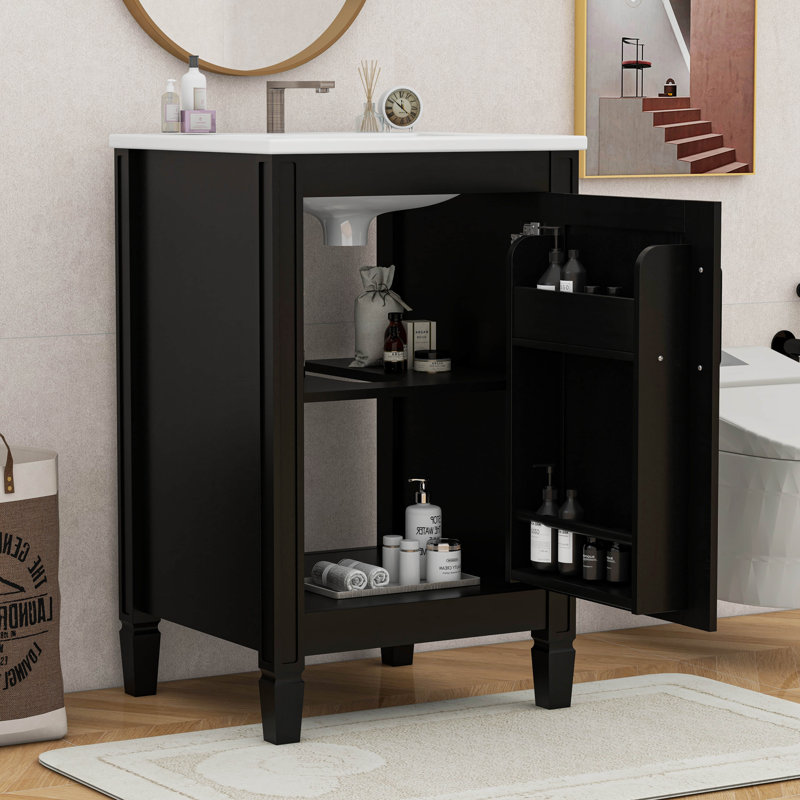20" Bathroom Vanity With Ceramic Sink, Adjustable U-Shaped Shelf, Door Storage Rack, Black