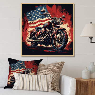 Red Blue Motorcycle American Flag Background - Transportation Wall Decor