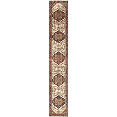 Tapis oriental en laine noué à la main Serapi ivoire / bleu marine / rouge-orange