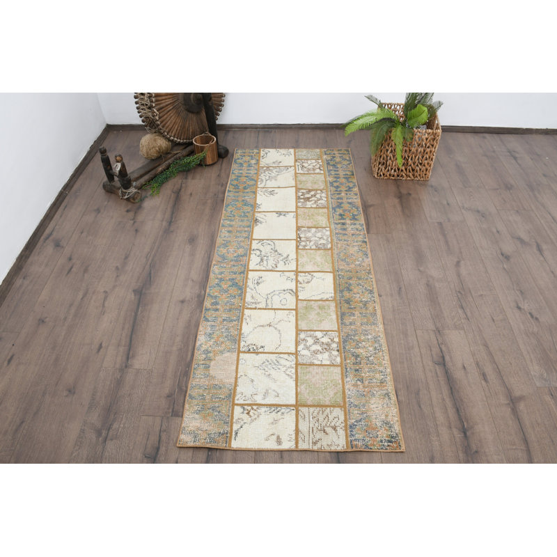 Vintage Wool Patchwork Runner, 27.6x71.7 Inch Beige Rug