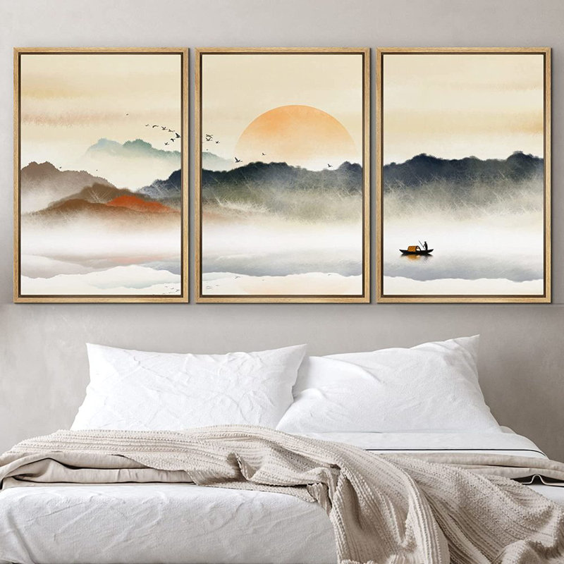 Pastel Rising Sun Misty Ocean Landscape Framed Canvas Set